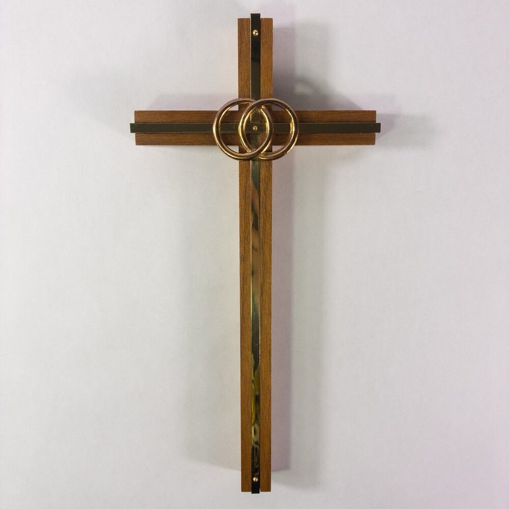 Vintage Marriage Wedding Wall Cross w/Rings 9.5" Wood & Brass Religious Crucifix